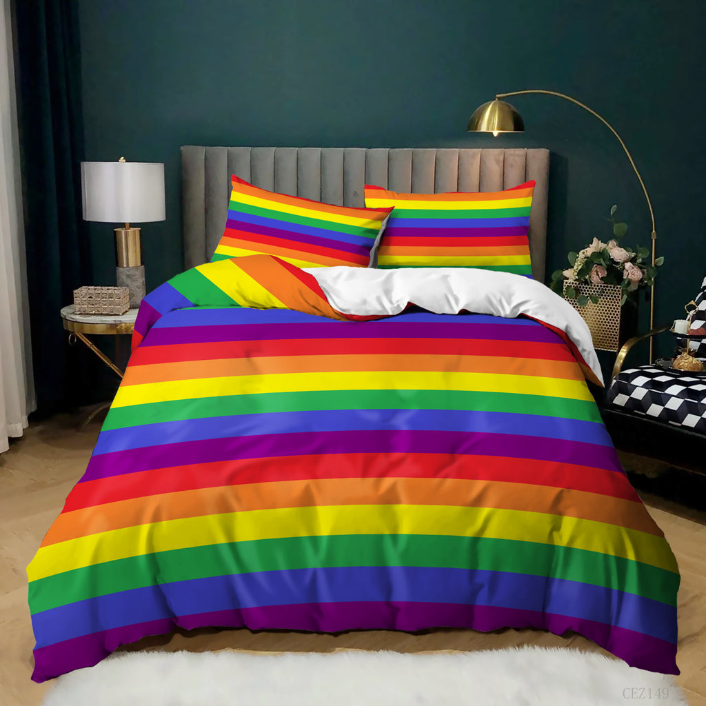 Three-piece bedding set with a vibrant 3D-printed horizontal rainbow stripe pattern on a duvet cover and pillowcases.