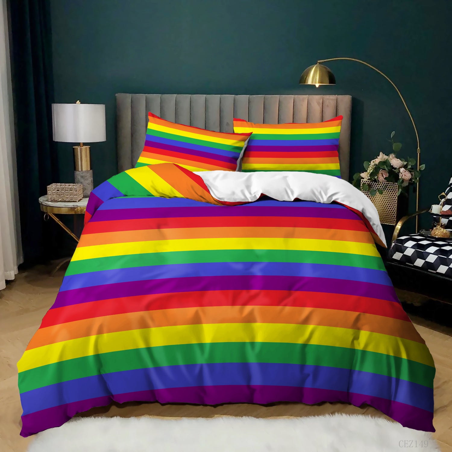 Three-piece bedding set with a vibrant 3D-printed horizontal rainbow stripe pattern on a duvet cover and pillowcases.