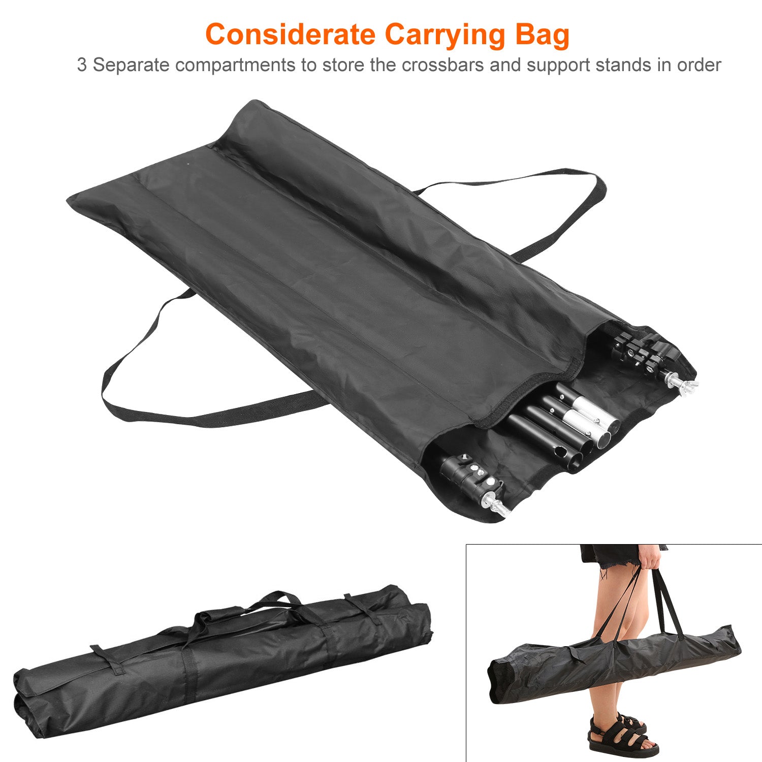 Black polyester carrying bag for backdrop stands with three internal compartments for organized storage and transport.