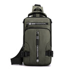 Olive green, durable nylon men's multifunctional crossbody chest bag with black trim, zippers, and "Professional" logo.