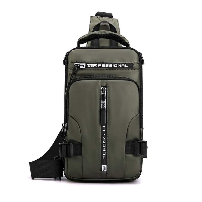 Olive green, durable nylon men's multifunctional crossbody chest bag with black trim, zippers, and "Professional" logo.