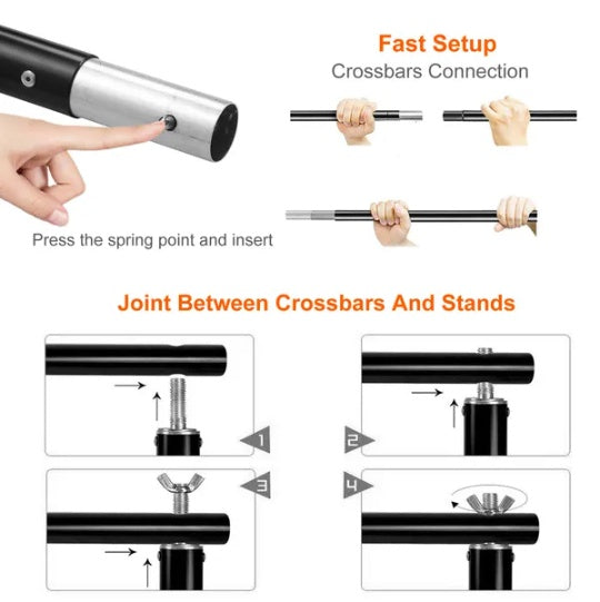 Diagram showing assembly steps for a black metal photography backdrop stand, featuring spring-button and wingnut joints.
