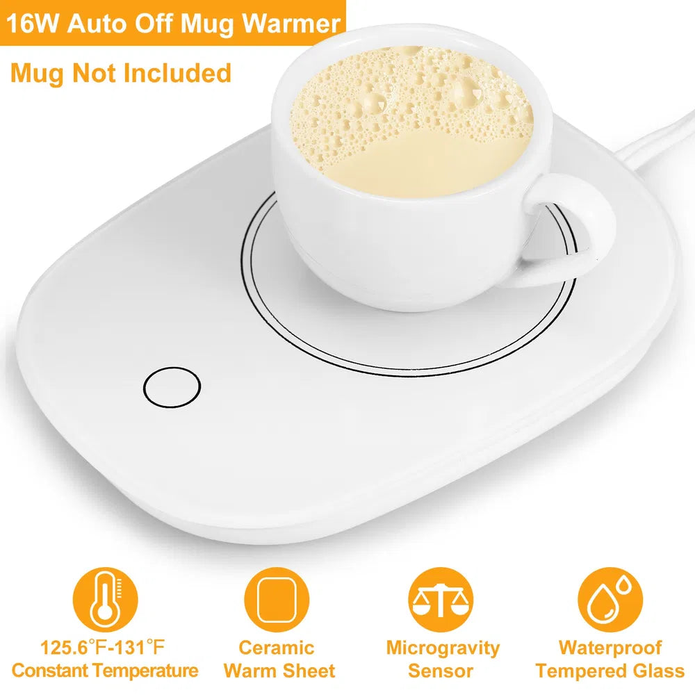 White electric mug warmer with tempered glass surface, microgravity sensor, and auto shut-off for desk use.