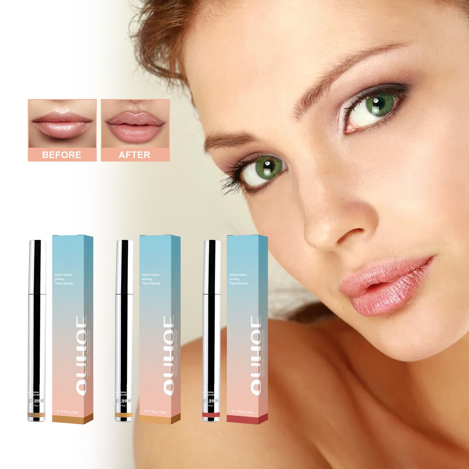 OUHOE peel-off lipliner pens and packaging in gradient boxes. Includes before-and-after results on a model's lips.