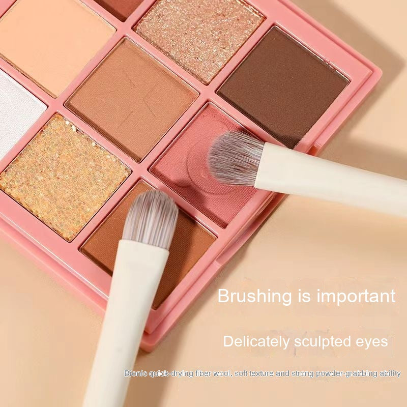 Two soft white makeup brushes picking up pigment from a pink eyeshadow palette with matte and shimmer shades.
