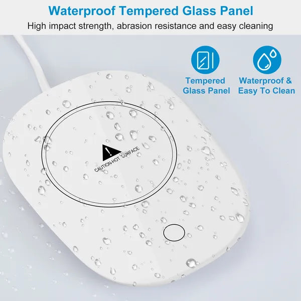 White waterproof, tempered glass mug warmer with a "Caution-Hot Surface" warning and power button.