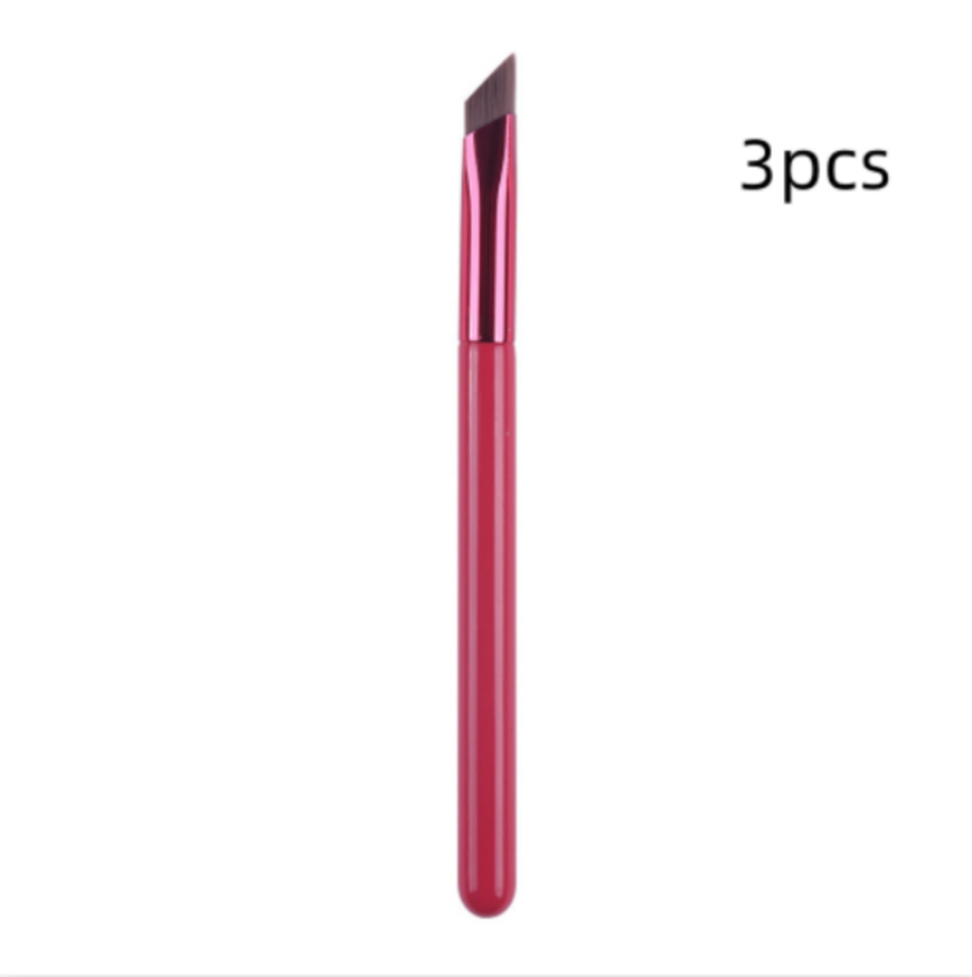 A 3-pack of pink angled eyebrow brushes with metallic ferrules and thin, precise bristles for detailed application.