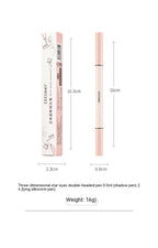 Light pink, double-headed GECOMO eye shadow and lying silkworm pen with its matching product box and measurements.