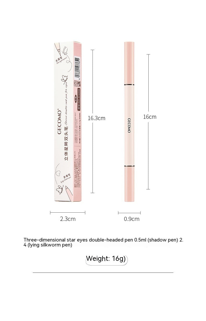 Light pink, double-headed GECOMO eye shadow and lying silkworm pen with its matching product box and measurements.