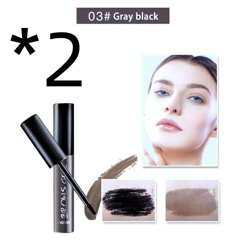 Two grey-black eyebrow gel tubes, swatch samples, and a model demonstrating the brow tint application.