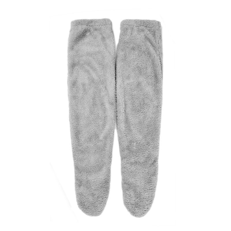 A pair of plush, grey fuzzy leg warmers made from soft, fleece-like material for keeping legs warm at home.