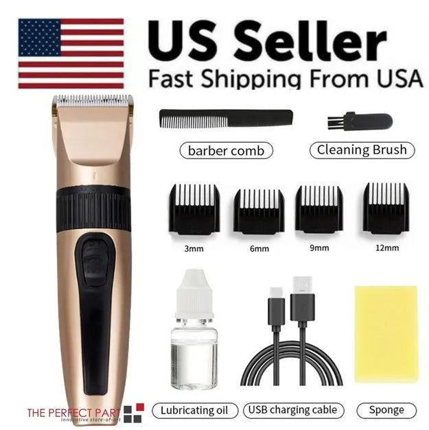 Gold and black cordless hair clipper set with four guide combs, cleaning brush, oil, USB cable, and sponge.