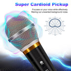 Black wired dynamic microphone with a silver mesh grille, gold trim, and an on/off switch, featuring a pickup diagram.