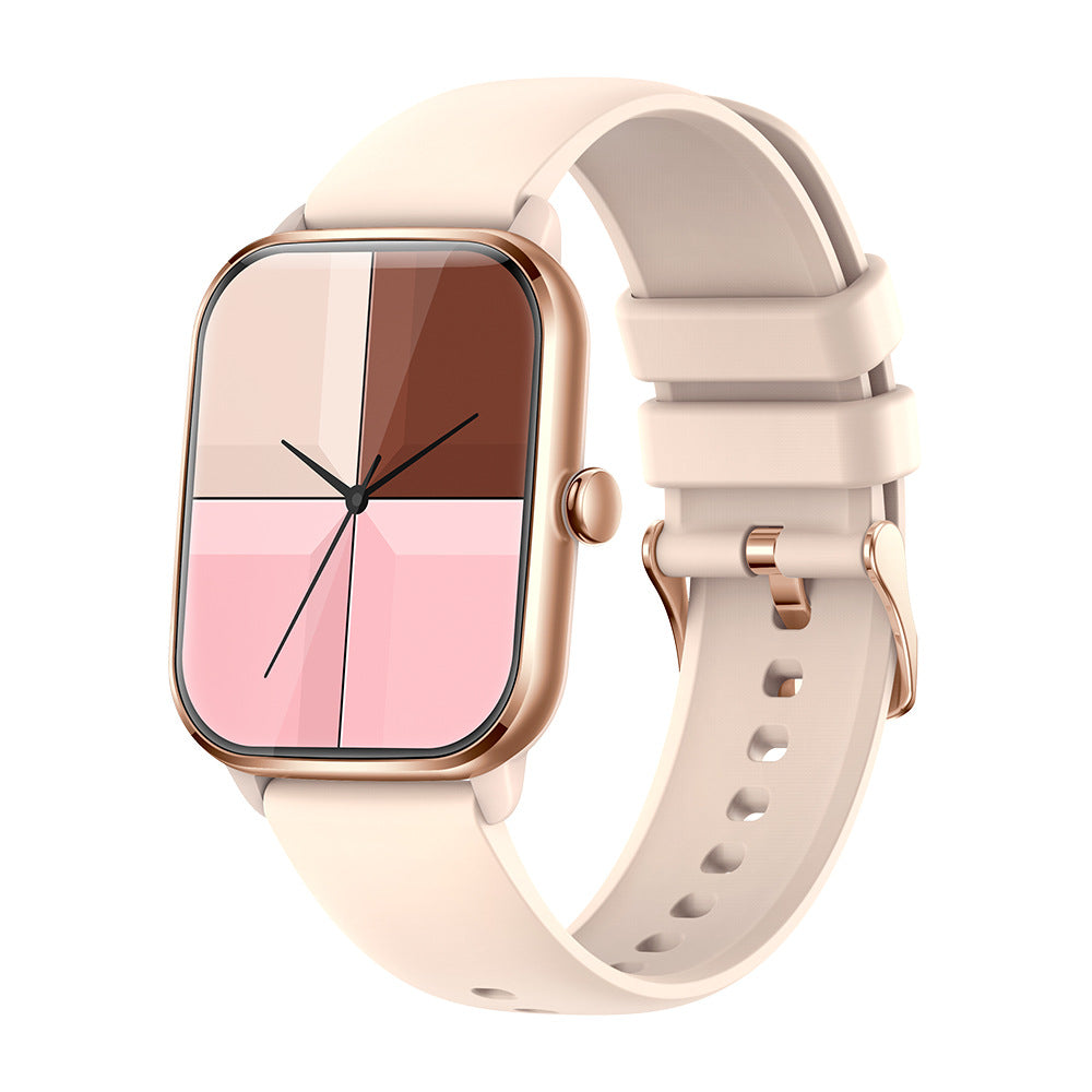 Beige smartwatch with a gold metallic square frame, silicone strap, and multicolor abstract watch face.