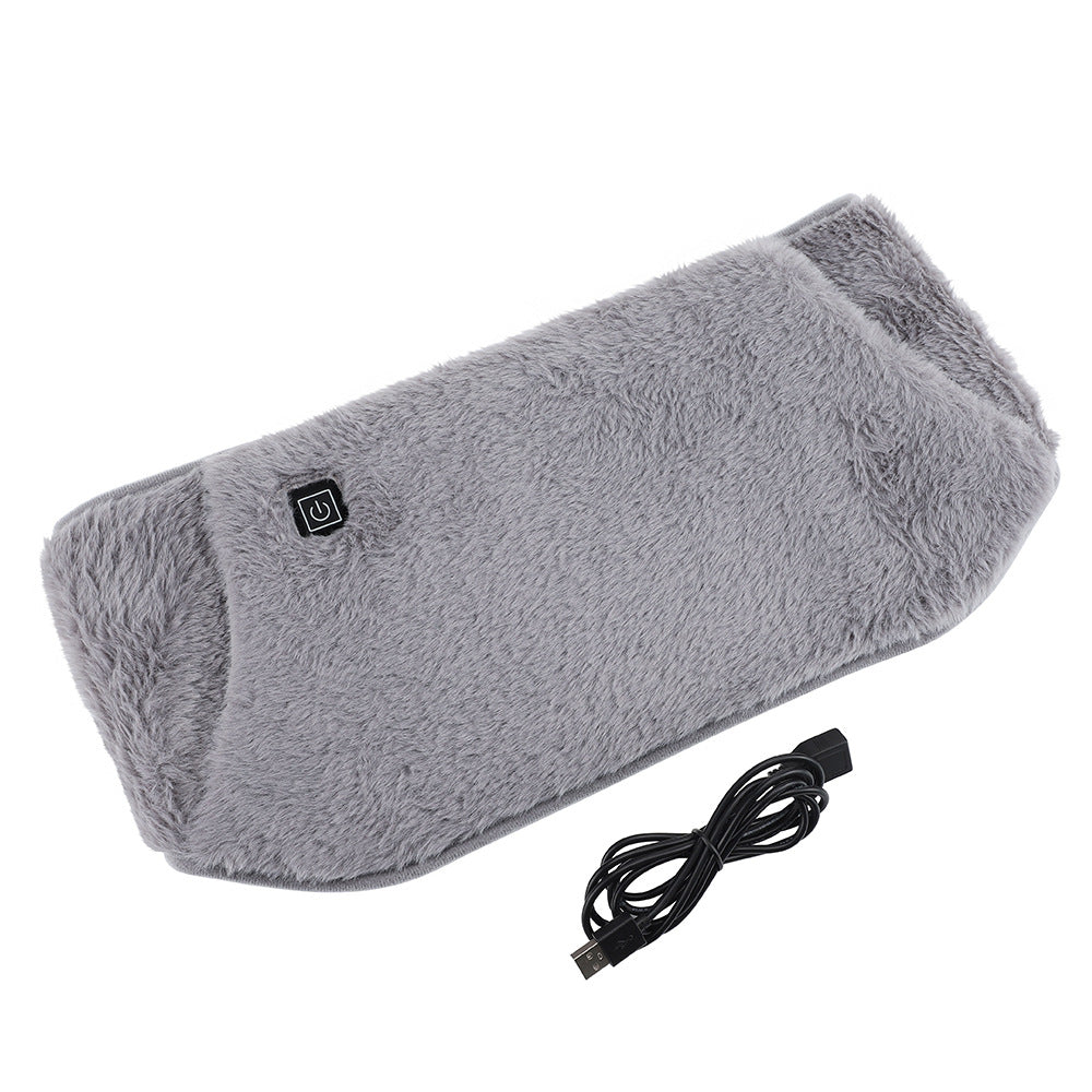 Grey, plush electric heating stomach belt with a power button and a USB charging cable on a white background.