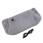 Grey, plush electric heating stomach belt with a power button and a USB charging cable on a white background.