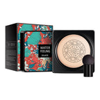 EELHOE BB cream cushion set with floral packaging, open black case, and mushroom sponge applicator.