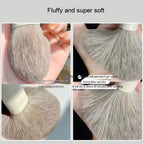Soft, fluffy grey-toned makeup brush with light-colored bristles in a collage highlighting its texture and quick-dry.