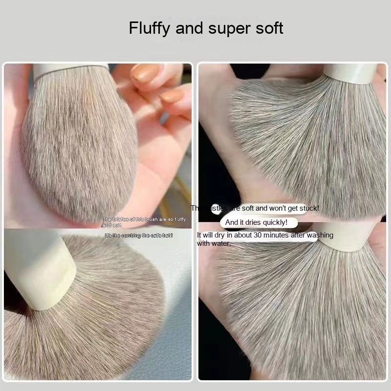 Soft, fluffy grey-toned makeup brush with light-colored bristles in a collage highlighting its texture and quick-dry.