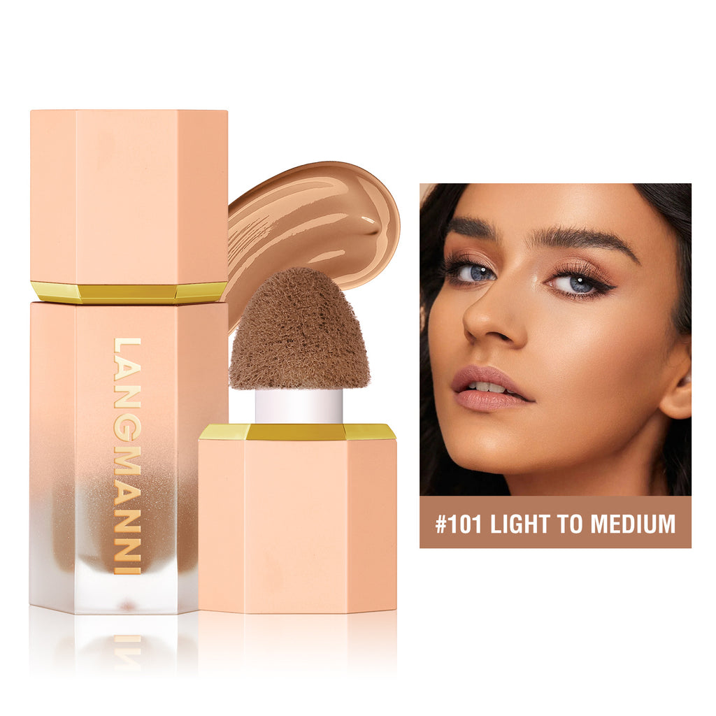Langmanni liquid contour bottle in light to medium shade #101 with sponge applicator and model with contoured makeup.