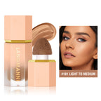 Langmanni liquid contour bottle in light to medium shade #101 with sponge applicator and model with contoured makeup.