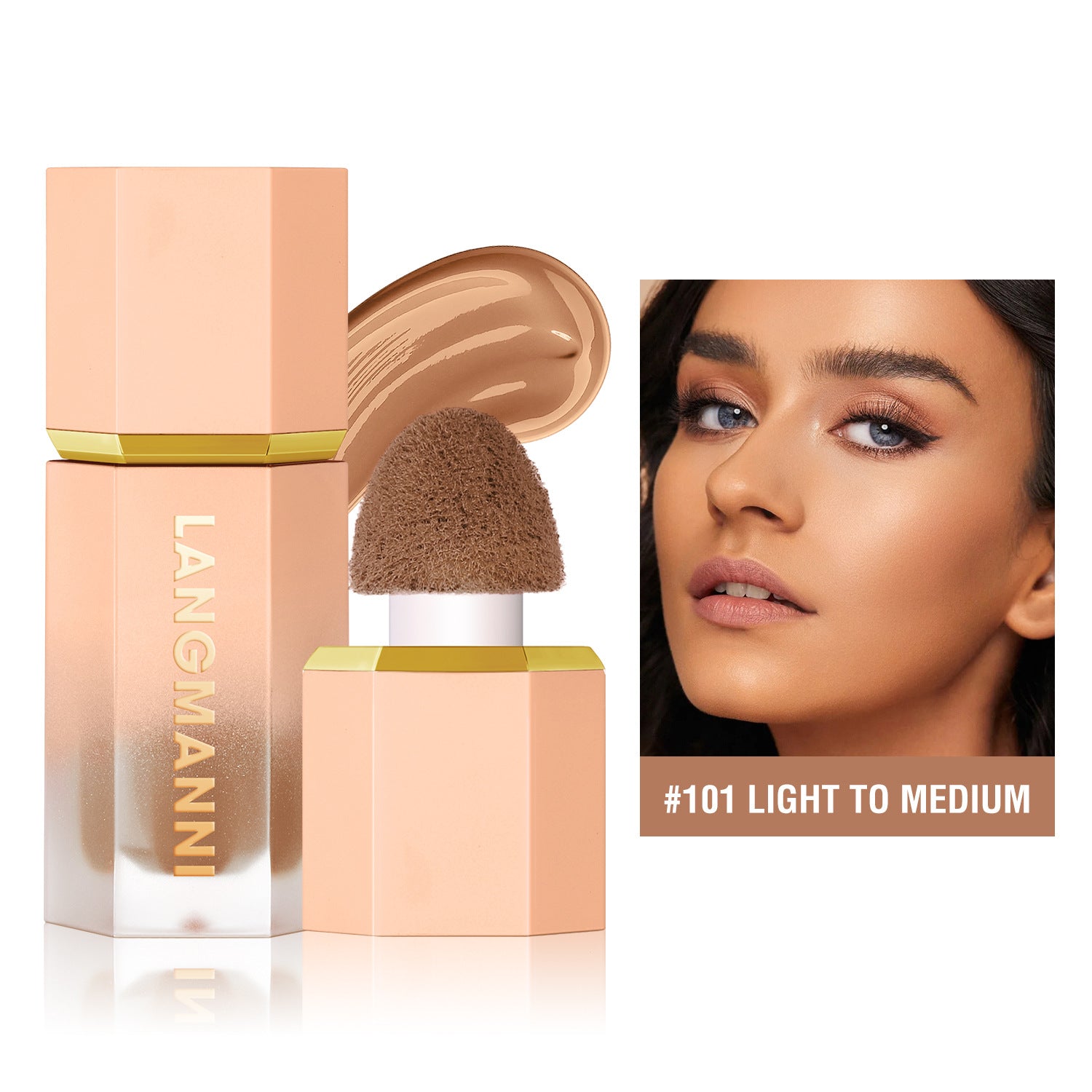 Langmanni liquid contour bottle in light to medium shade #101 with sponge applicator and model with contoured makeup.
