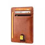 Slim brown PU leather credit card holder with multiple slots and RFID-blocking protection against a white background.