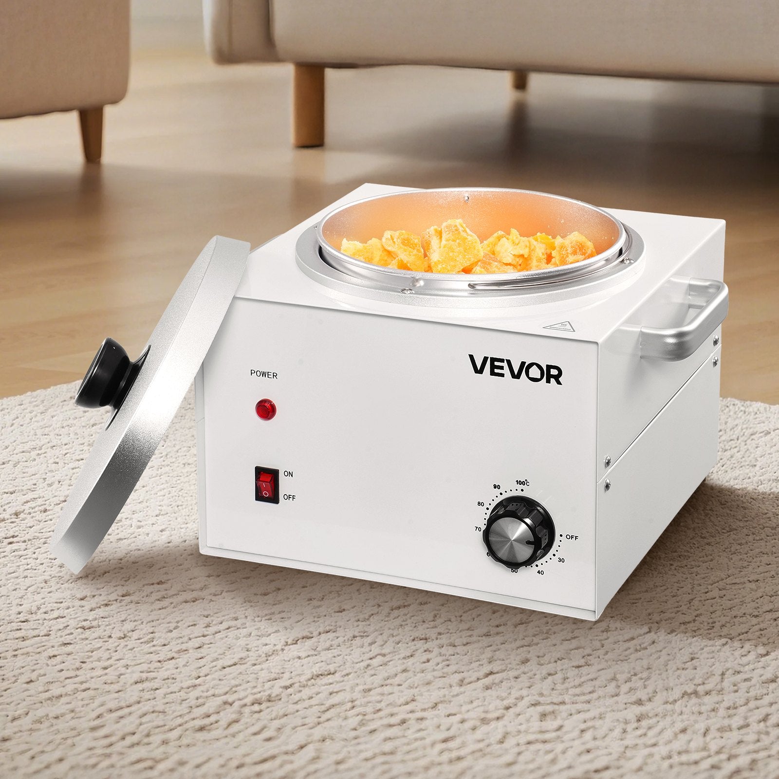 White professional 3000ml wax warmer with a metal pot, temperature dial, power switch, and matching lid on a rug.