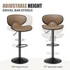 Two brown faux-leather swivel bar stools with black pedestals, featuring 360-degree rotation and adjustable height.