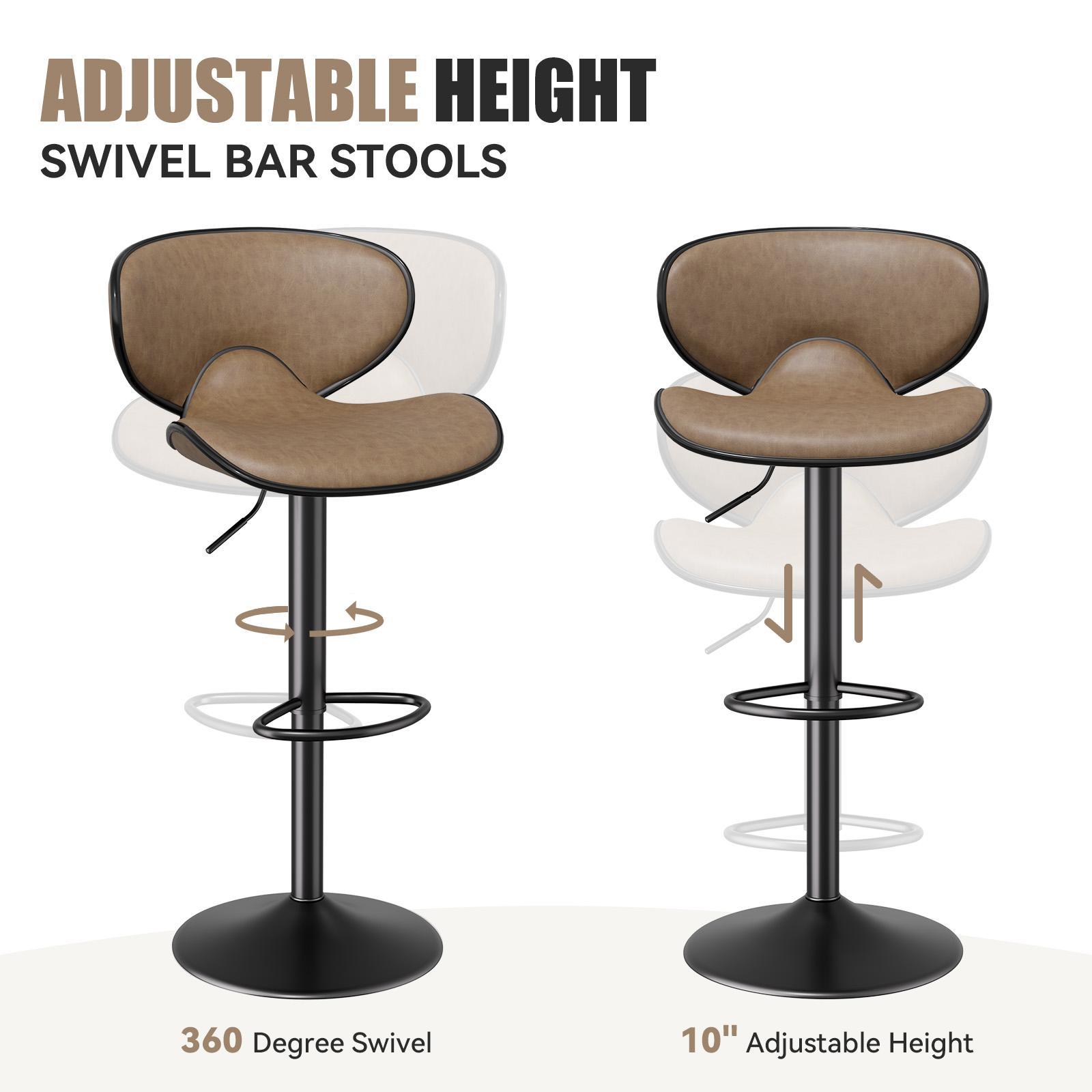 Two brown faux-leather swivel bar stools with black pedestals, featuring 360-degree rotation and adjustable height.