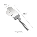 Silver stainless steel 3-in-1 pizza cutter with rolling blade, serrated edge, and handle with a hanging loop.