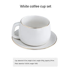 Stylish white matte ceramic coffee cup and saucer set featuring minimalist design with elegant gold-rimmed edges.