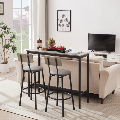 Grey bar table set with two stools featuring padded grey PU seats, backrests, and sturdy black metal frames.