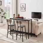 Grey bar table set with two stools featuring padded grey PU seats, backrests, and sturdy black metal frames.