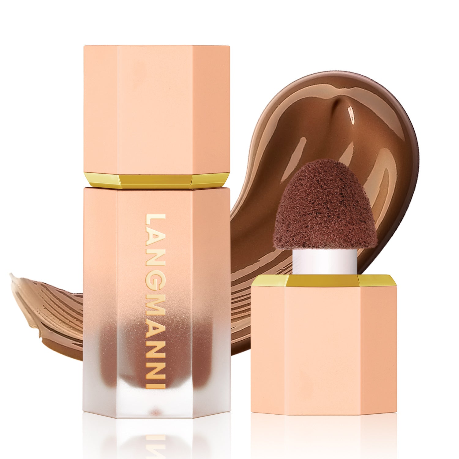 Langmanni liquid contour bottle and sponge applicator in soft peach with a dark brown liquid swatch background.