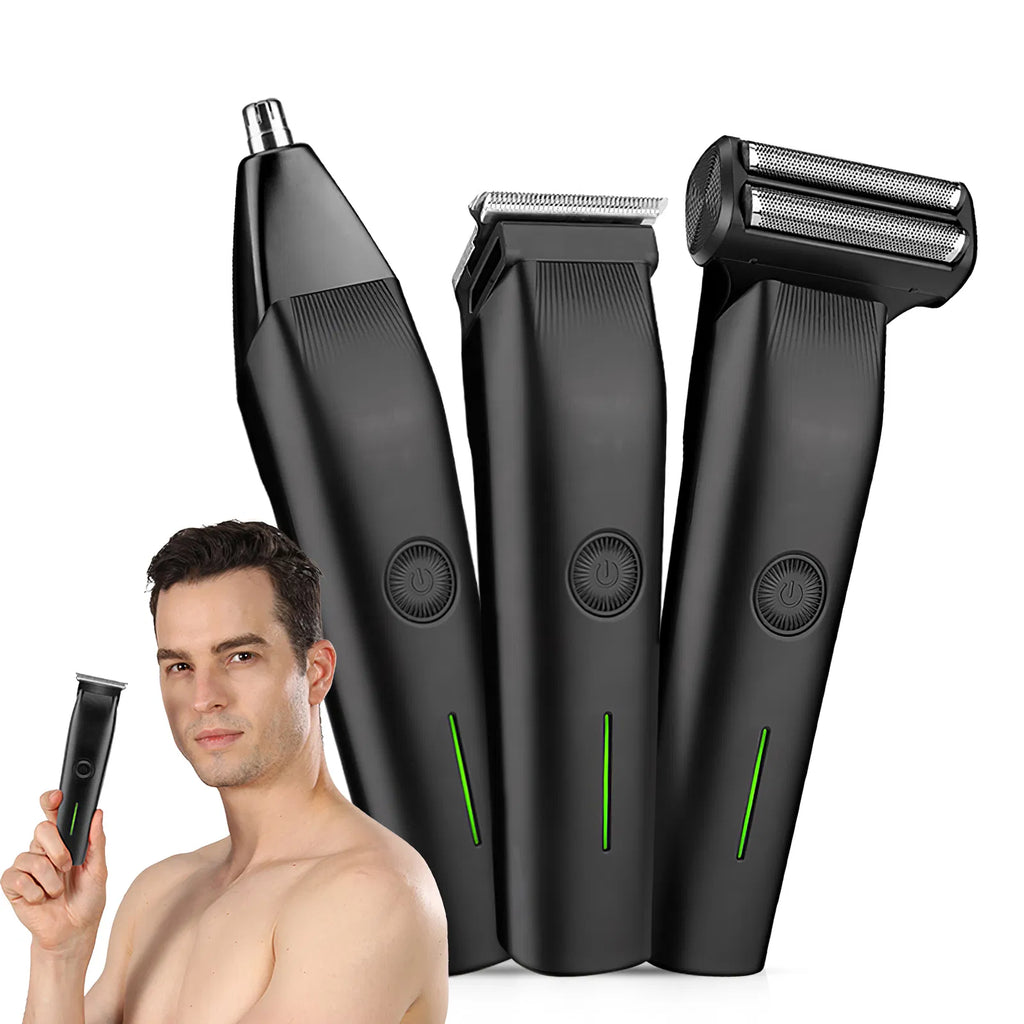 Man holding a 3-in-1 black grooming kit featuring nose, beard, and foil shaver attachments with green indicator lights.
