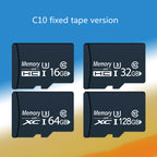 Four black microSD memory cards with 16GB, 32GB, 64GB, and 128GB capacities labeled "C10 fixed tape version."