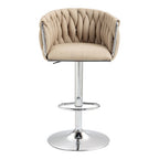 Beige woven-fabric swivel bar stool with a chrome pedestal base, adjustable height, and circular footrest.
