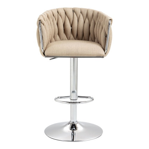 Beige woven-fabric swivel bar stool with a chrome pedestal base, adjustable height, and circular footrest.