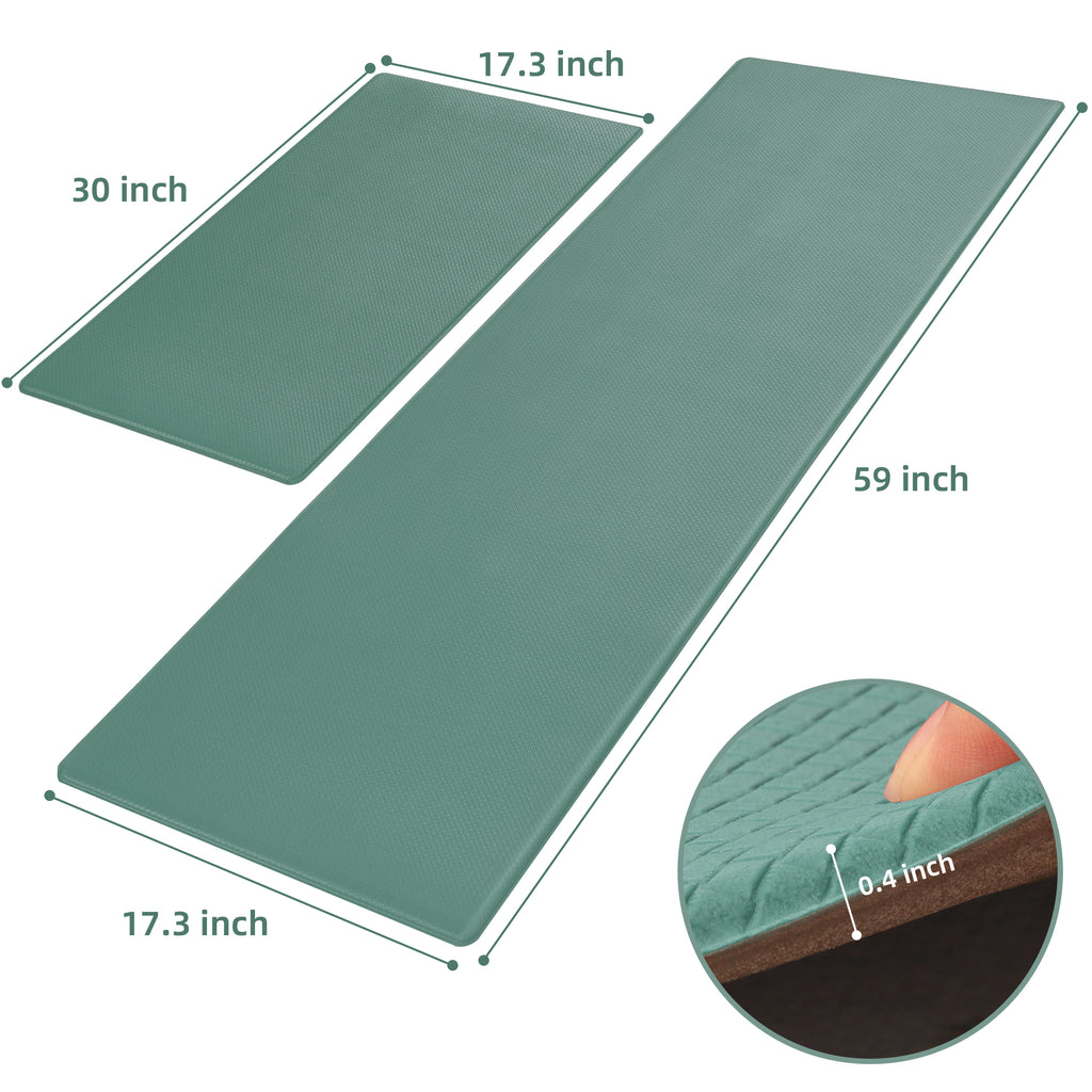Two-piece teal, non-slip, waterproof kitchen mat set with textured surface and 0.4-inch thick foam cushioning.