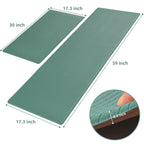 Two-piece teal, non-slip, waterproof kitchen mat set with textured surface and 0.4-inch thick foam cushioning.