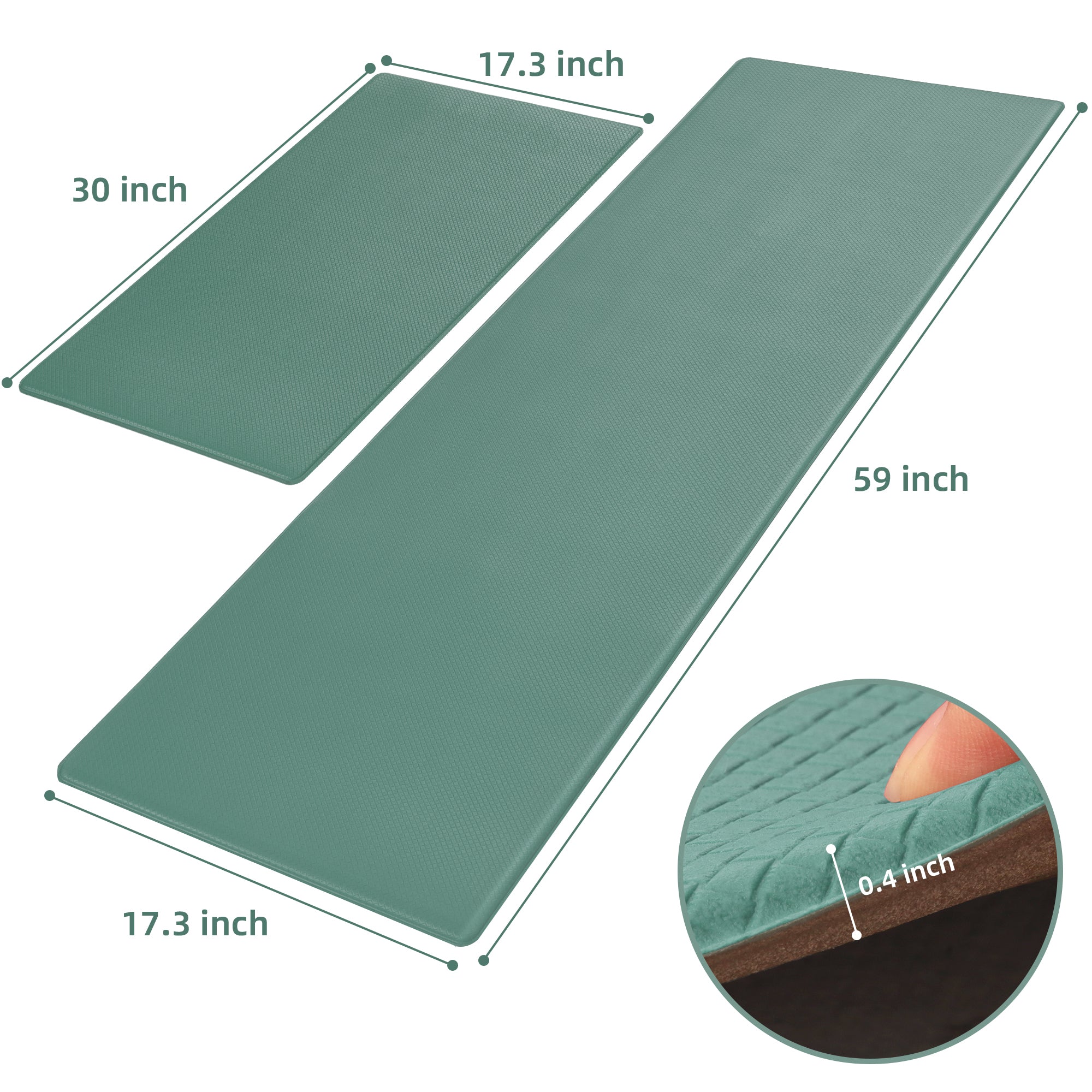Two-piece teal, non-slip, waterproof kitchen mat set with textured surface and 0.4-inch thick foam cushioning.
