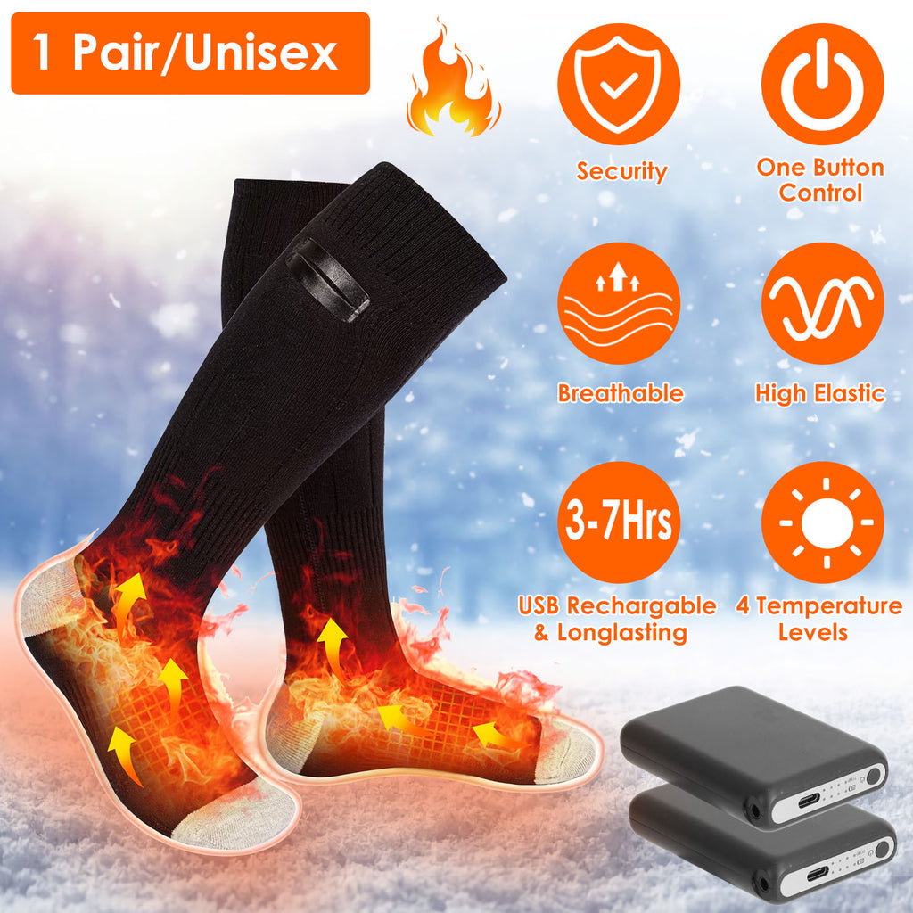 Black, unisex electric heated socks with rechargeable batteries, showcasing heating zones, 4 levels, and elastic fabric.