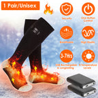 Black, unisex electric heated socks with rechargeable batteries, showcasing heating zones, 4 levels, and elastic fabric.