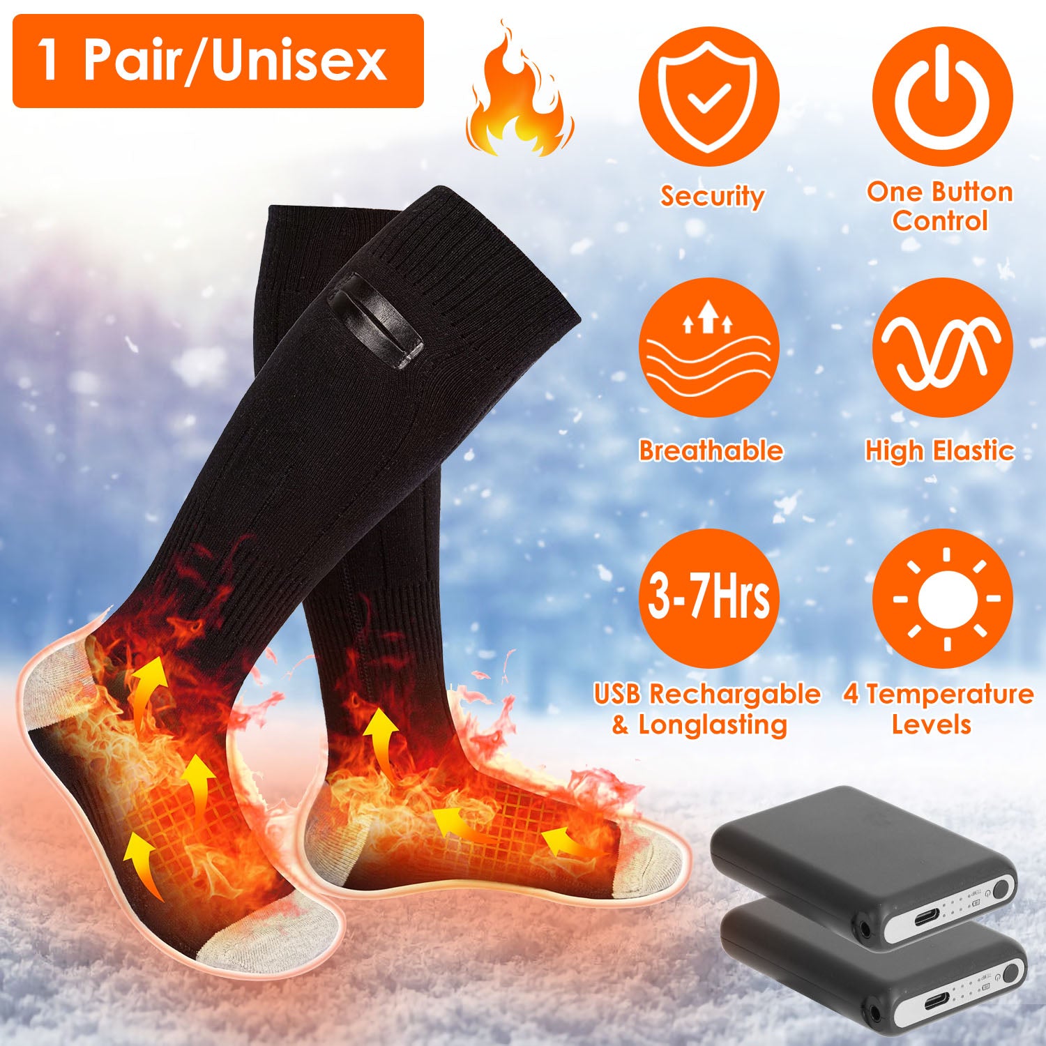 Black, unisex electric heated socks with rechargeable batteries, showcasing heating zones, 4 levels, and elastic fabric.