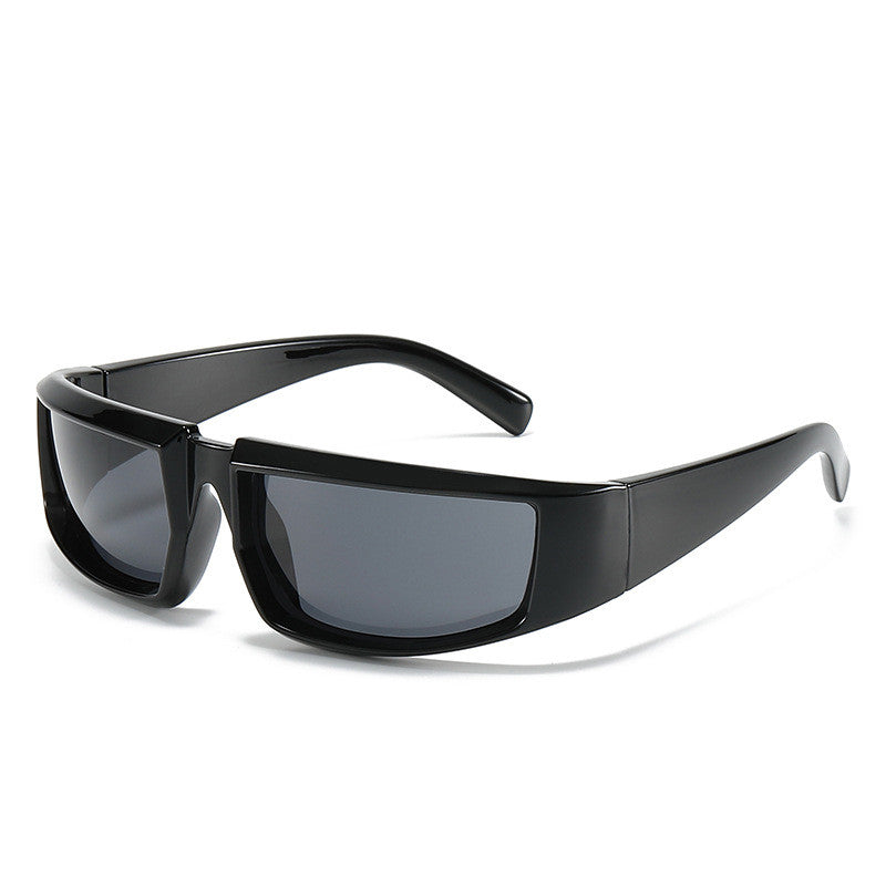 Black wrap-around sports sunglasses with thick frames and dark tinted lenses, featuring a sleek, modern hip-hop style.