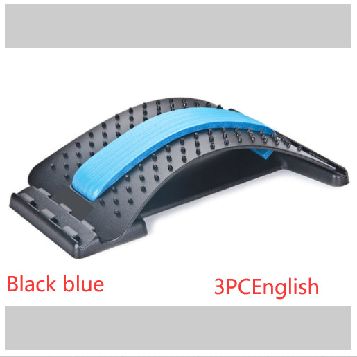 Black arched plastic lumbar traction device with a blue foam center strip and acupressure massage nubs.