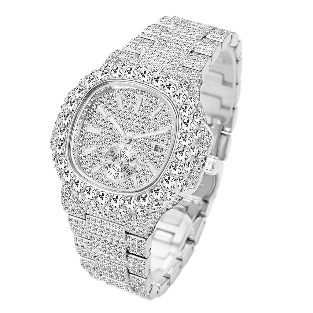 Silver-tone men’s quartz watch fully iced out with clear crystal rhinestones, featuring a date window and sub-dials.