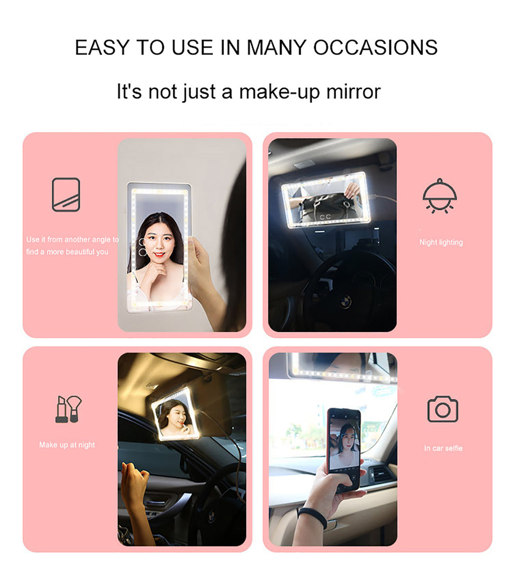Universal LED car visor vanity mirror with touch control, shown in various uses, mounted, and handheld.