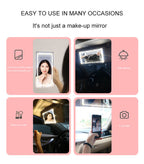 Universal LED car visor vanity mirror with touch control, shown in various uses, mounted, and handheld.